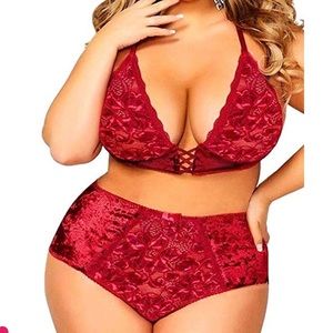 Plus Crushed Velvet Mesh Lace Up Halter High Waist